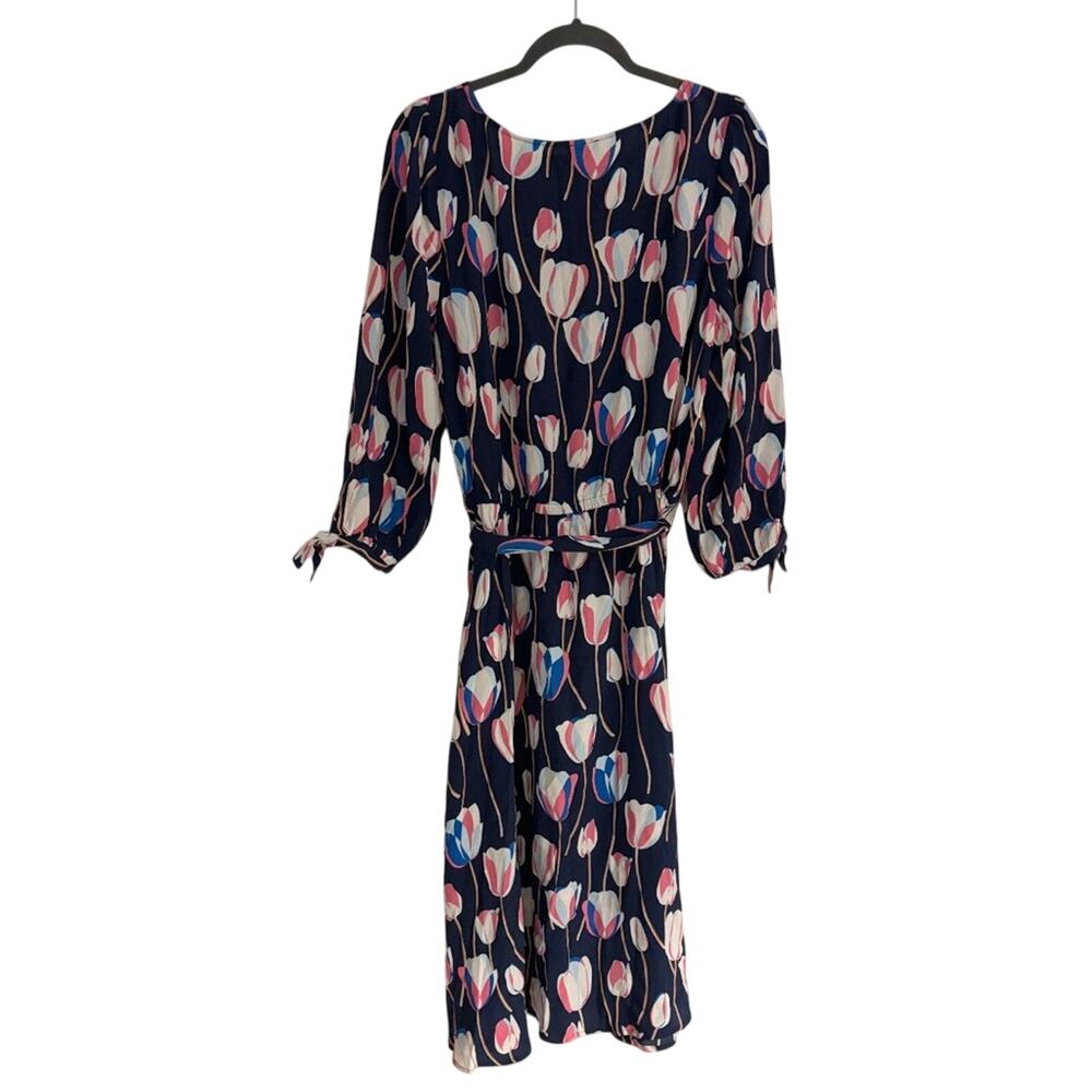 Talbots Navy Blue Floral Long Sleeve Belted Dress Large